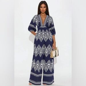Navy and White Patterned Jumpsuit